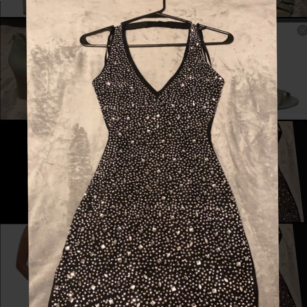Black rhinestone embellished body con dress